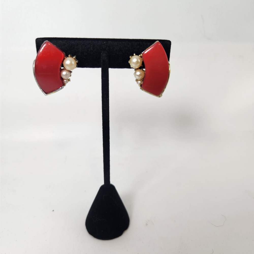 Vintage Red Resin Faux Pearl Clip On Earrings Gold Tone Geometric Statement